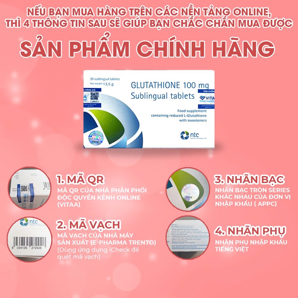 Viên Ngậm Trắng Da Dưới Lưỡi Glutathione 100mg Nhập Khẩu Italy - Trắng toàn thân